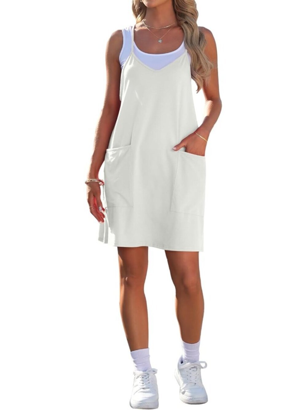 Women's White Summer Dresses Sleeveless Casual Dress Spaghetti Strap Beach Dress